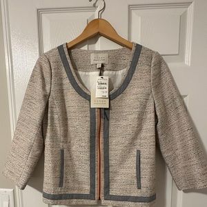 NWT Hinge tweed linen lined orange trimmed zipper jacket, 2 pockets, slit sleeve